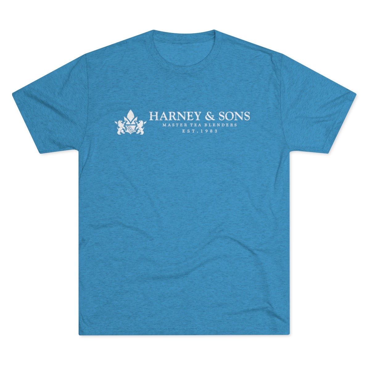 Blue graphic tee featuring "Harney & Sons Master Tea Blenders Est. 1983" in white text. Perfect for tea enthusiasts.