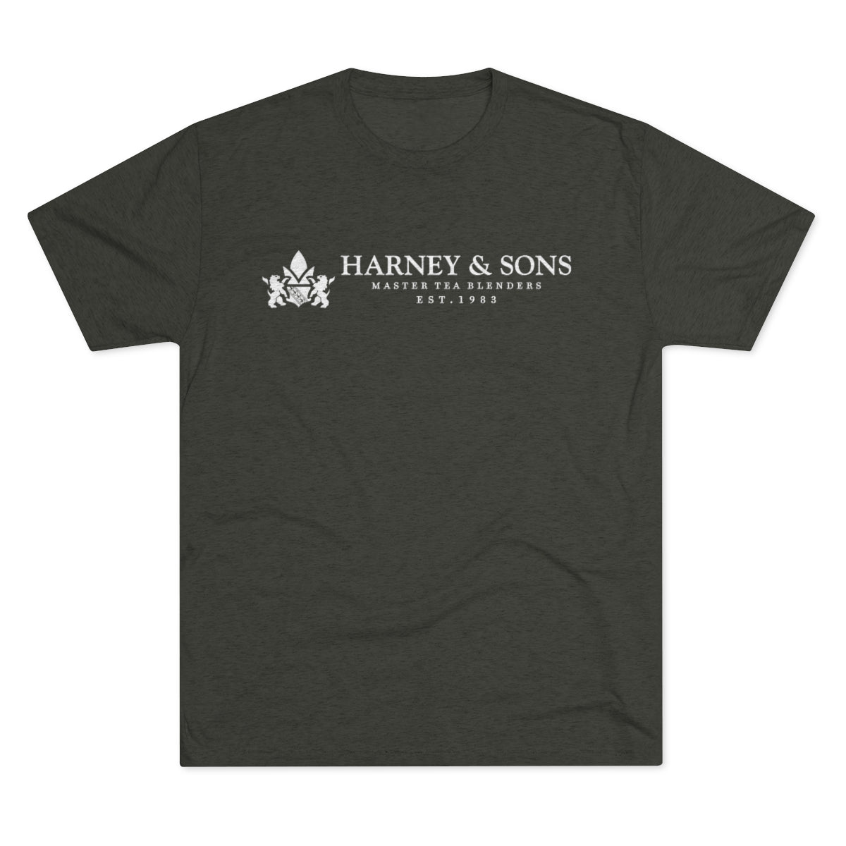 Olive green graphic tee featuring "Harney & Sons Master Tea Blenders Est. 1983" in white text.