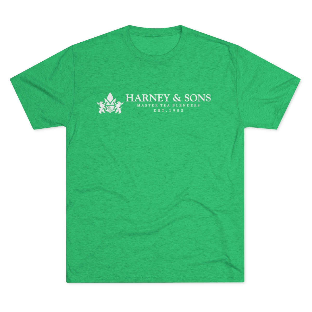 Green graphic tee featuring "Harney & Sons Master Tea Blenders Est. 1983" in white text. Perfect for tea lovers.