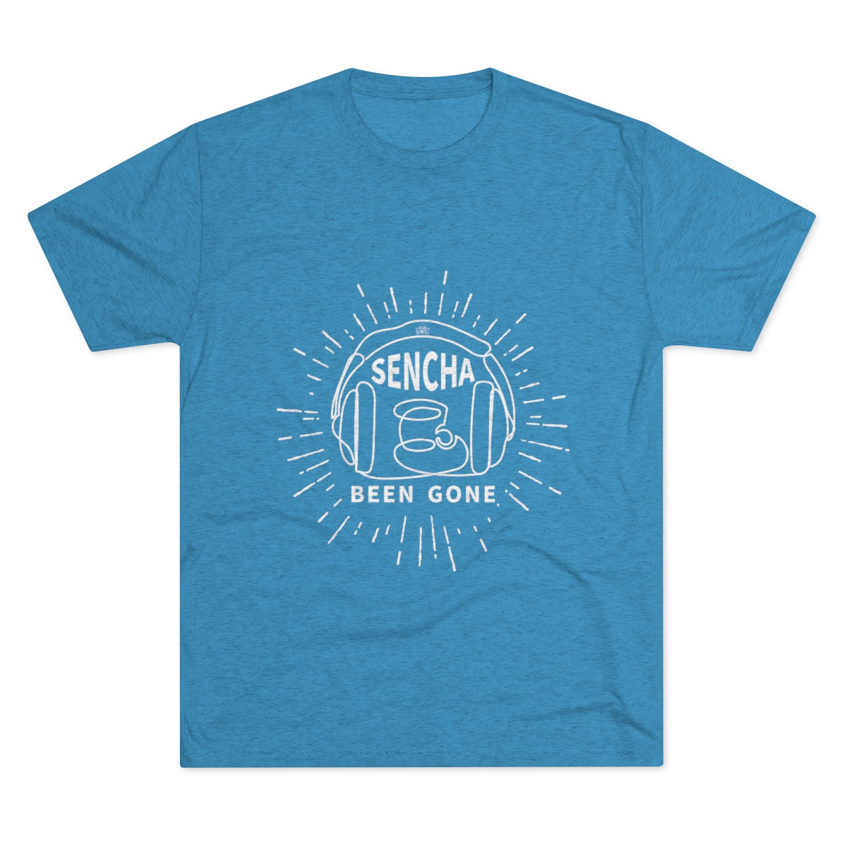 Blue graphic tee featuring the text "Sencha Been Gone" with a design of a teacup and sunburst elements.