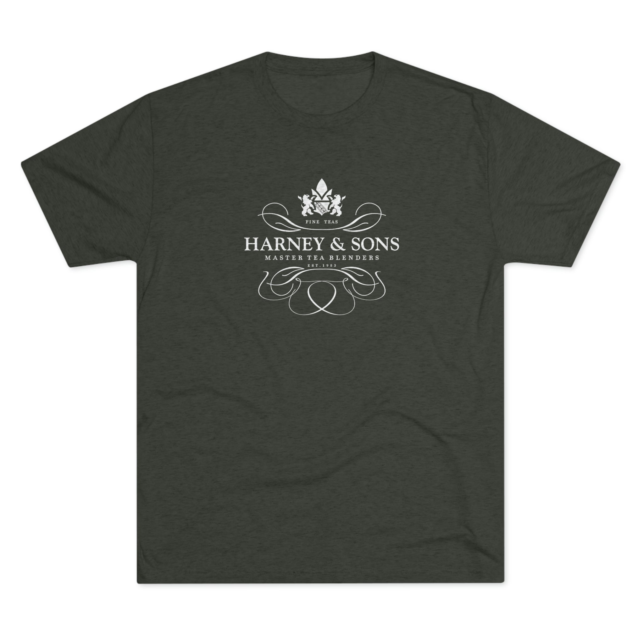 Dark green graphic tee featuring the Harney & Sons logo with elegant design elements. Perfect for tea enthusiasts.