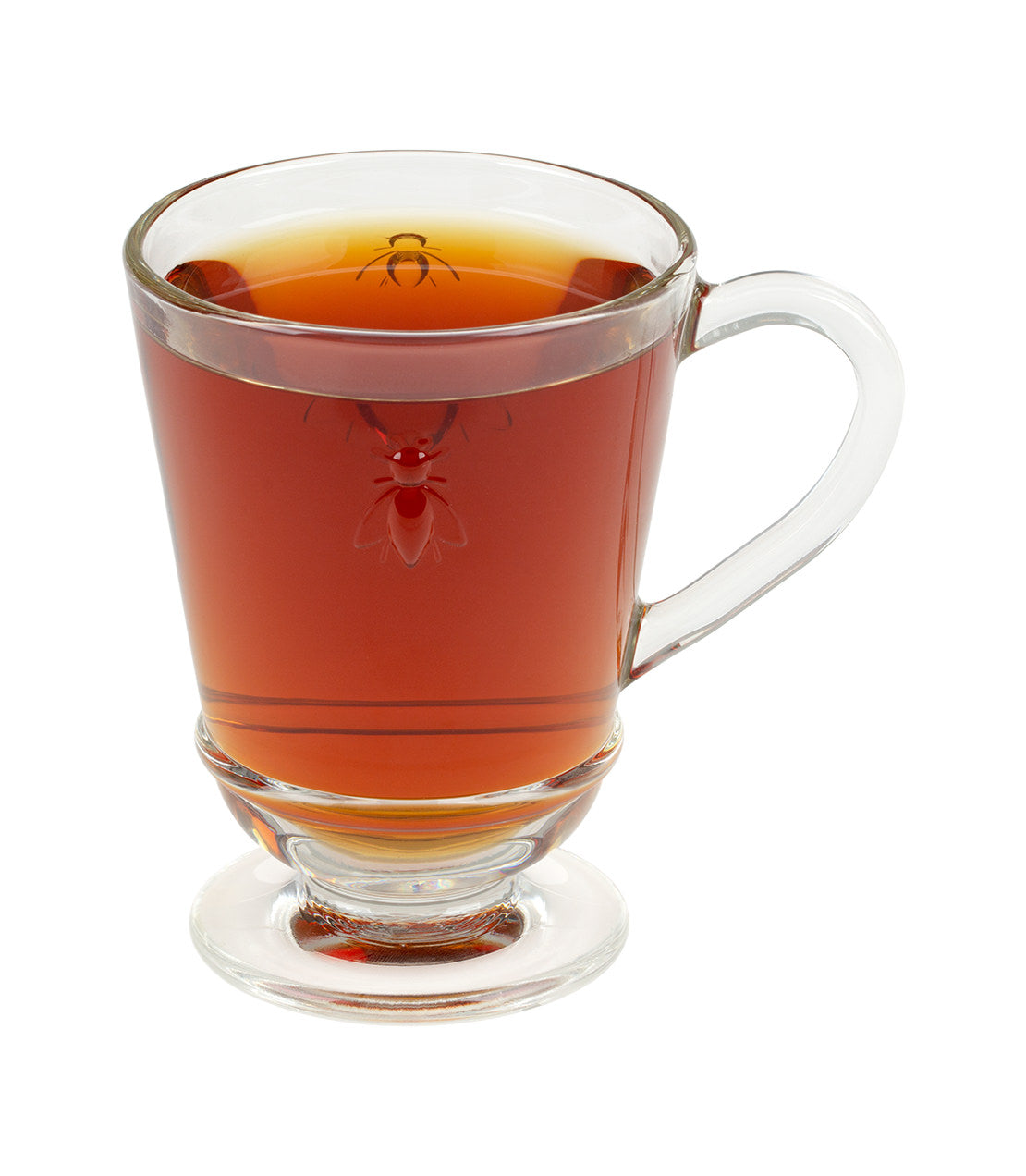 Clear glass mug featuring a Napoleon bee design, filled with amber liquid, showcasing elegant craftsmanship.