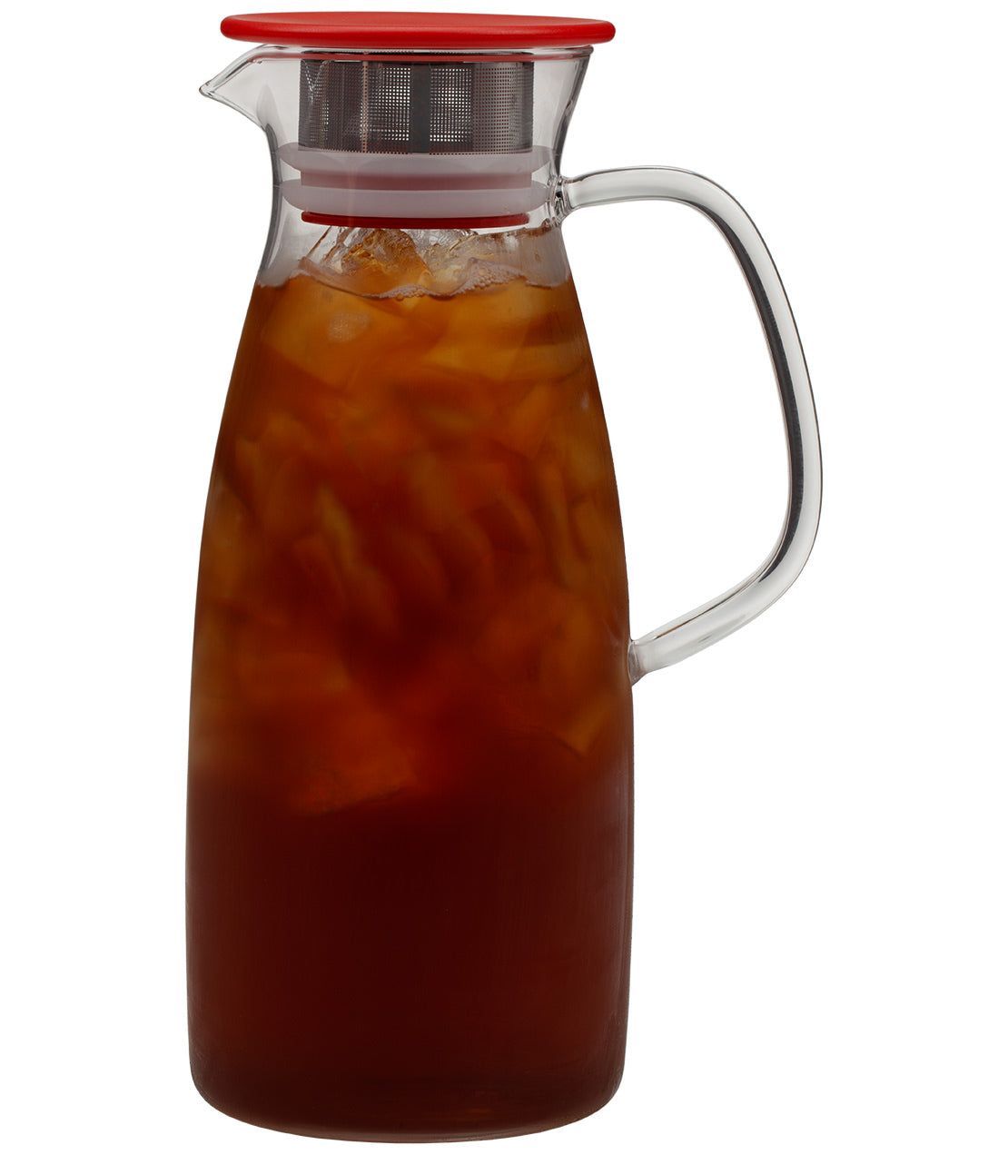 ForLife Mist Glass Iced Tea Jug, 50 oz, featuring a sleek design and red lid, perfect for serving iced beverages.