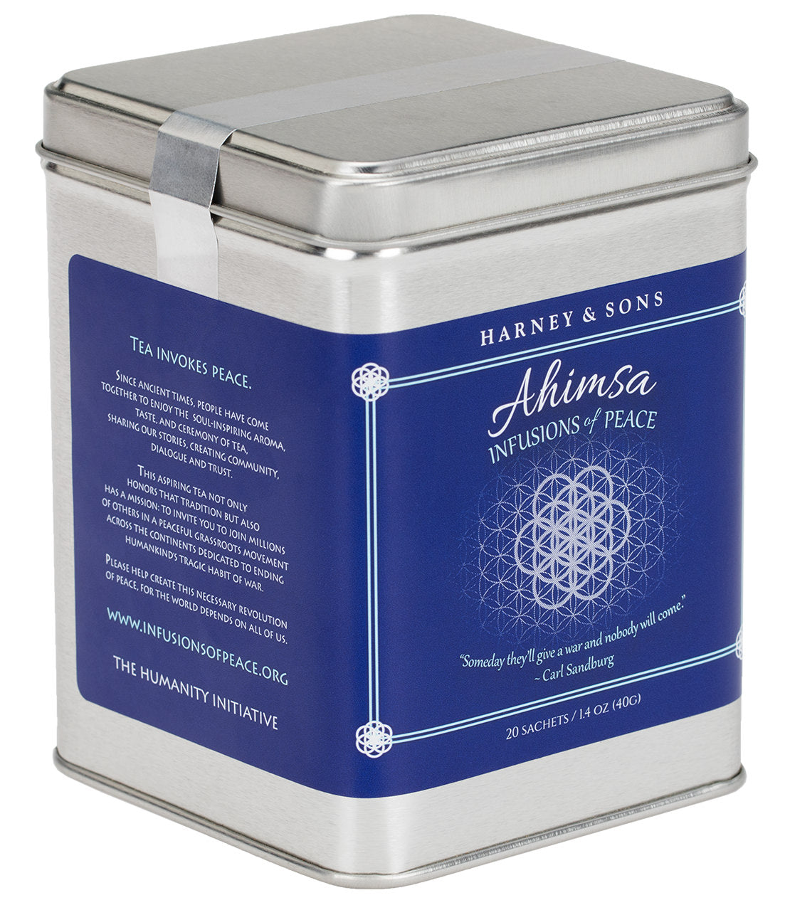 Ahimsa Tea tin with 20 sachets, featuring a blue label and a peace symbol, promoting tranquility and community.