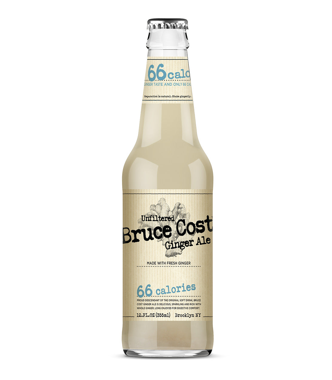 Bruce Cost Ginger Ale bottle featuring 66 calories, made with fresh ginger, from Brooklyn, NY.