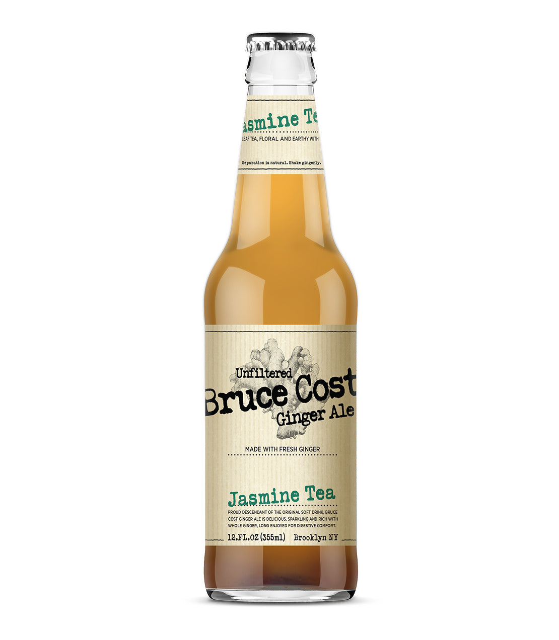 Bottle of Bruce Cost Ginger Ale Jasmine Green Tea, featuring a light golden color and a label with green accents.