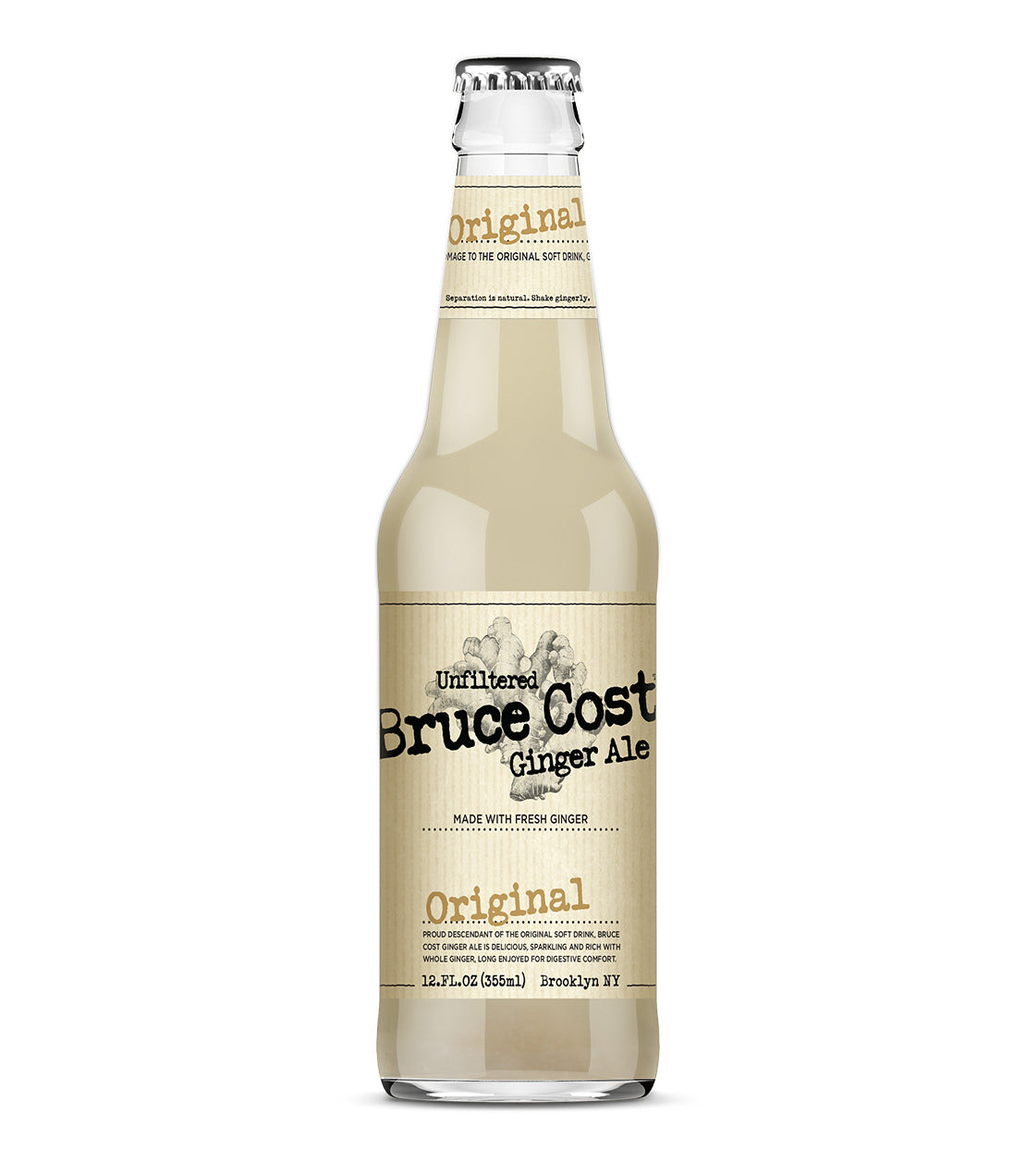 Bottle of Bruce Cost Ginger Ale Original, unfiltered, made with fresh ginger, 12.7 fl oz, Brooklyn, NY.