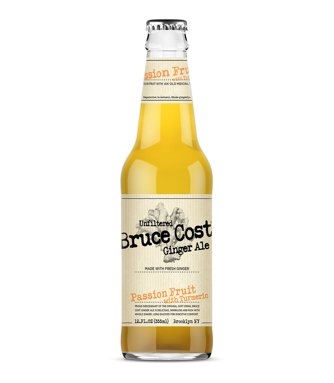 Bottle of Bruce Cost Ginger Ale in Passion Fruit flavor, featuring a clear label and a golden-yellow beverage.