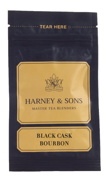 Black Cask Bourbon tea packet by Harney & Sons, featuring a sleek black design with gold accents.