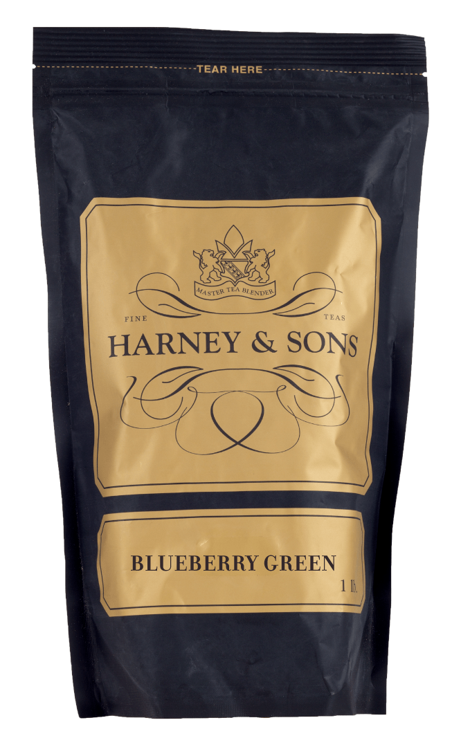 Harney & Sons Blueberry Green tea packaging, featuring a black bag with gold accents and label.