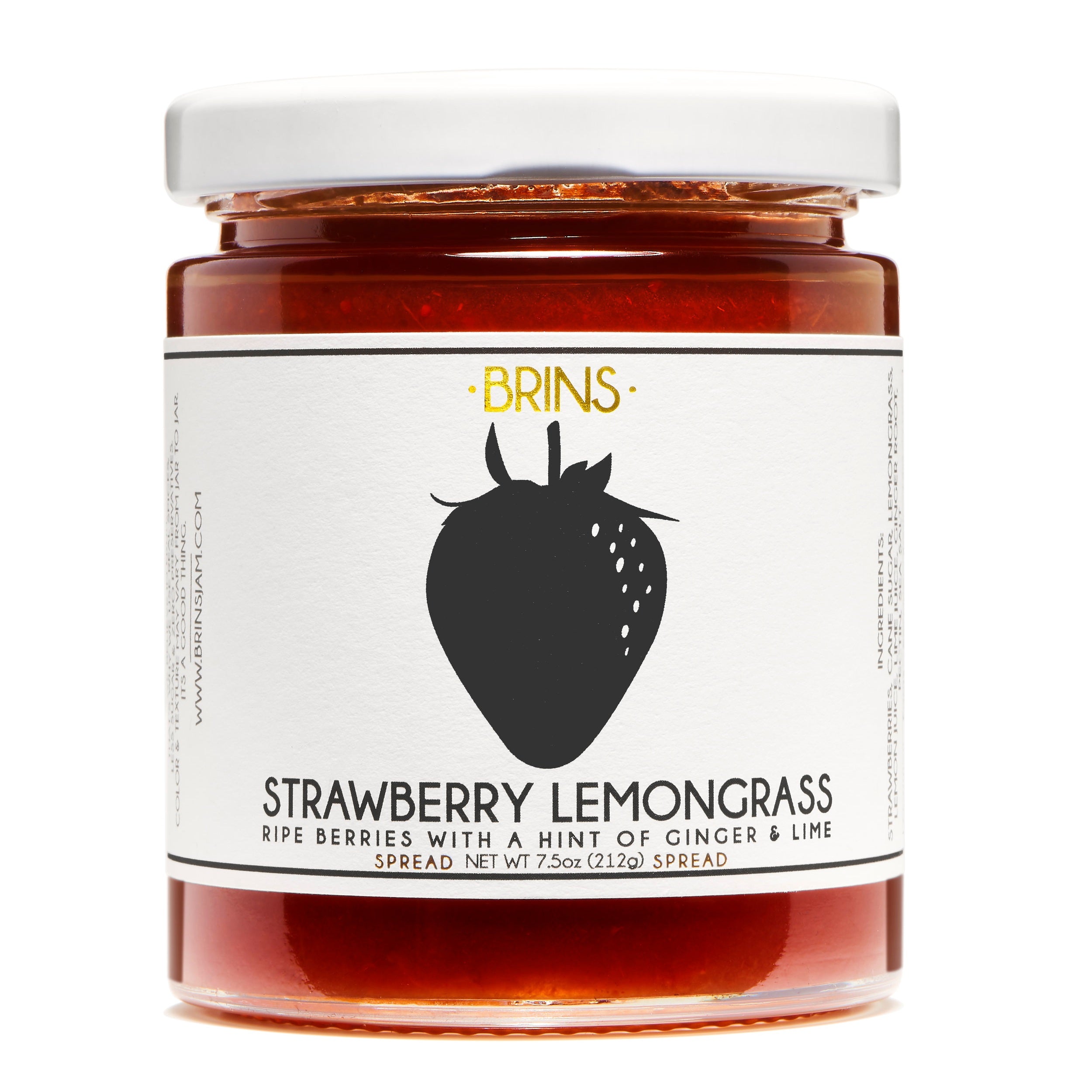 Jar of Brins Strawberry Lemongrass Jam, featuring ripe berries with hints of ginger and lime.