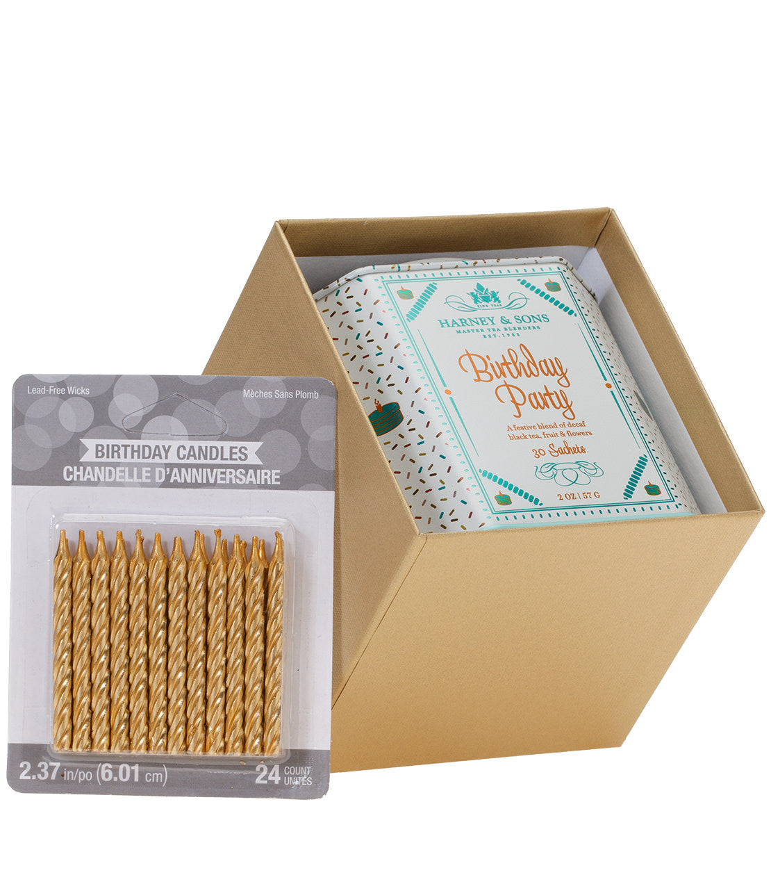 Gold birthday candles and a tin of 30 sachets for festive celebrations, perfect for birthday parties.