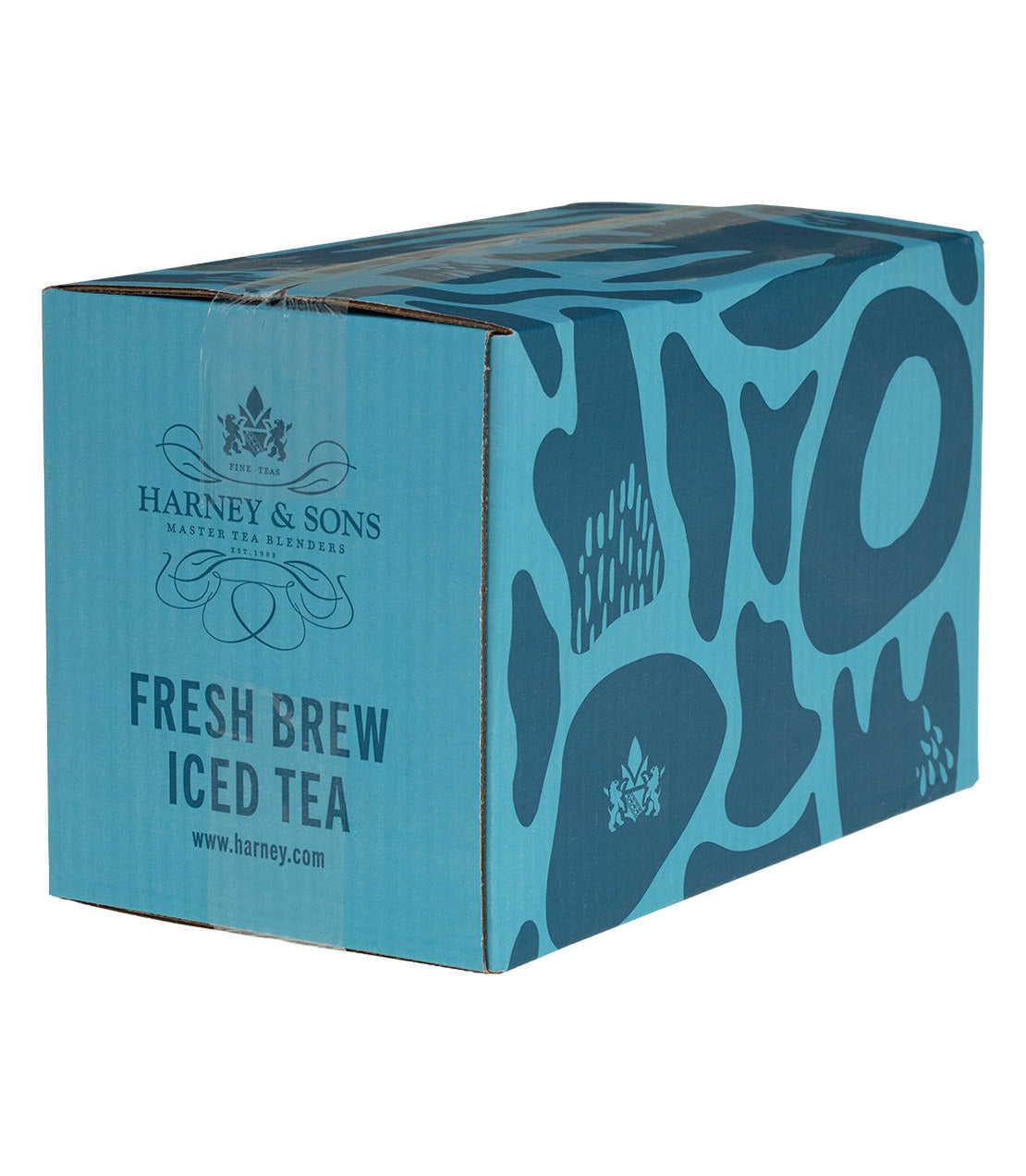 Harney & Sons Passion Fruit Fresh Brew Iced Tea box featuring a vibrant blue design.