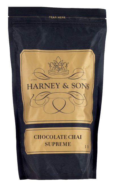 Black packaging of Harney & Sons Chocolate Chai Supreme tea, featuring gold accents and a tear-off top.