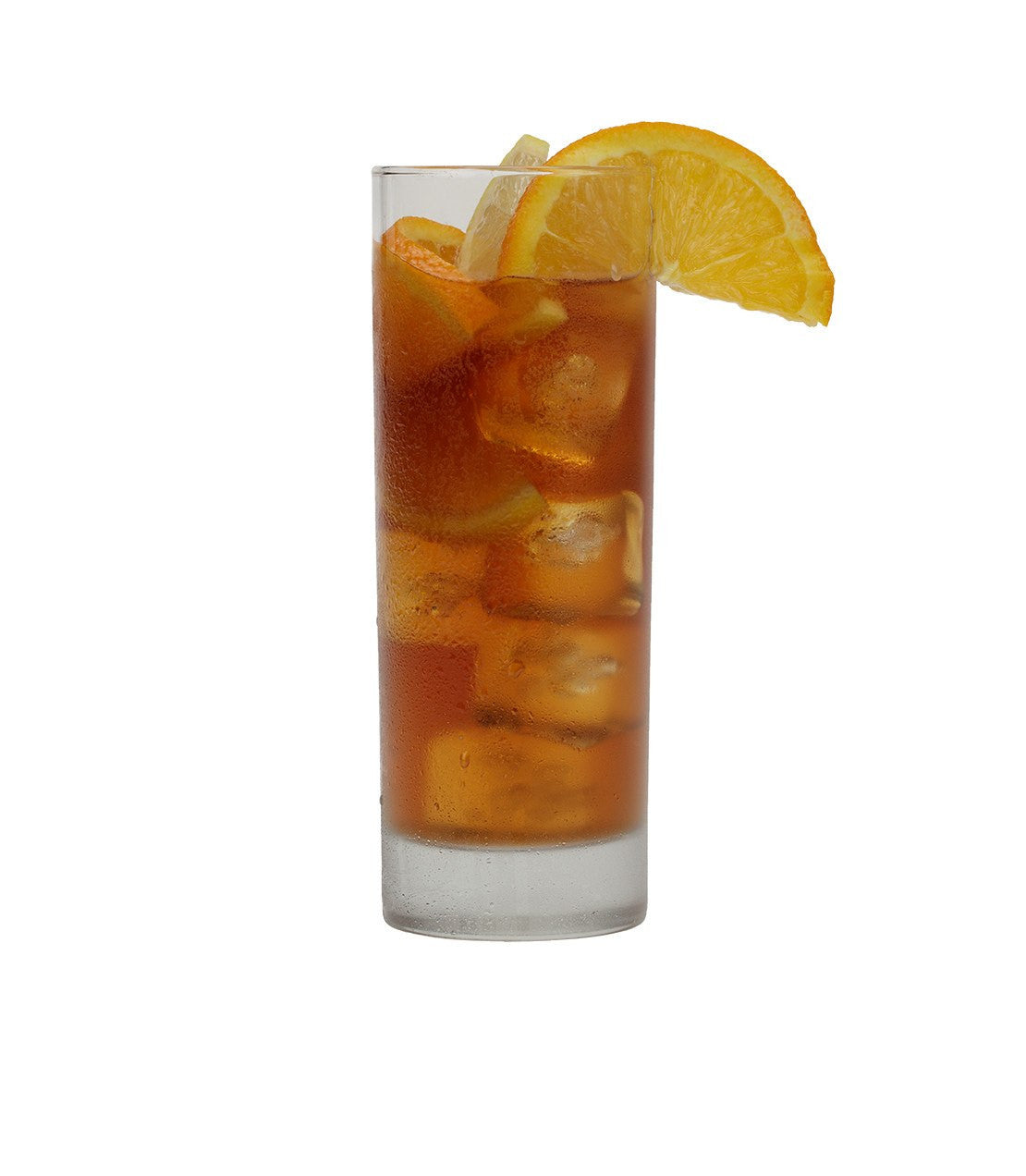 Tall glass of peach fresh brew iced tea with ice cubes and garnished with orange and lime slices.