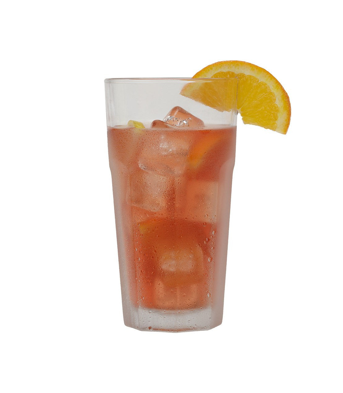 Refreshing Blood Orange Fresh Brew Iced Tea in a tall glass, garnished with a slice of orange and ice cubes.