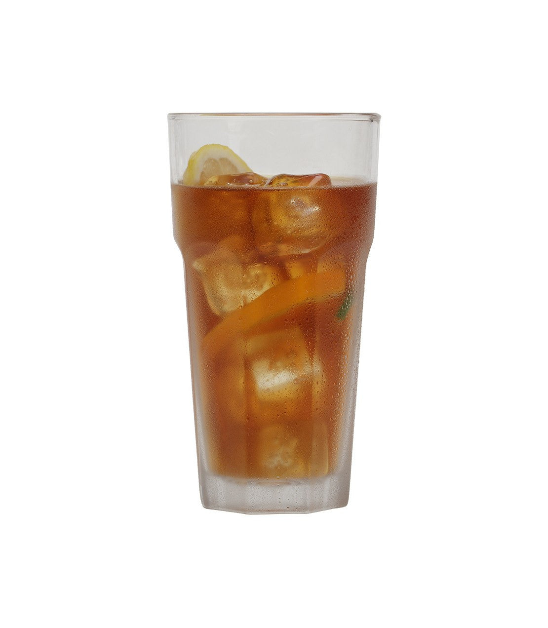 Refreshing Passion Fruit Fresh Brew Iced Tea in a clear glass, filled with ice and garnished with lemon slices.