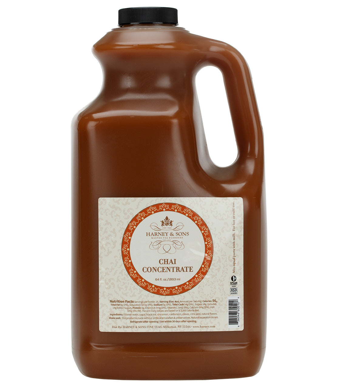 Harney & Sons Chai Concentrate in a large jug, featuring a decorative label with nutritional information.