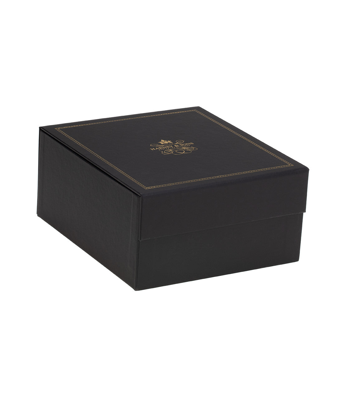 Elegant black tea chest with gold detailing, designed for Harney Heritage wrapped sachet tea. Perfect for gifting.
