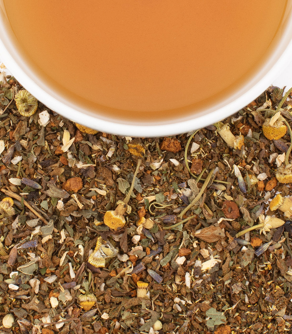 Chaga Ashwagandha herbal tea blend with a cup of brewed tea and loose herbs scattered around.