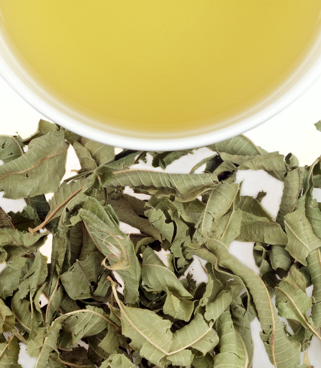 Dried lemon verbena leaves beside a cup of brewed lemon verbena tea, showcasing a bag of 50 sachets.