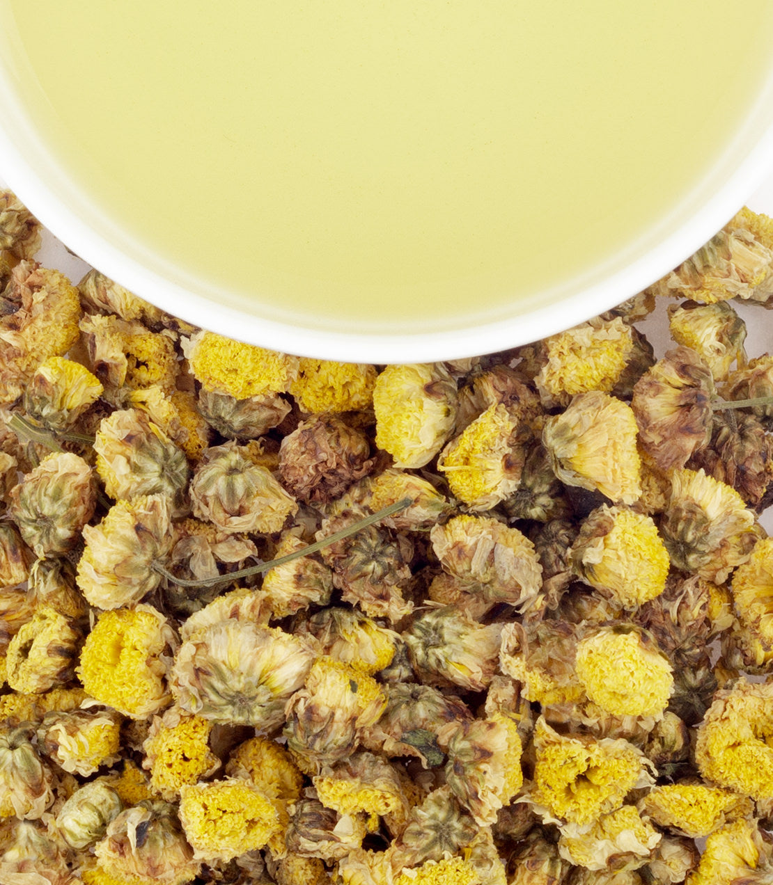 Dried wild chrysanthemum flowers with a cup of pale yellow tea above, showcasing herbal tea ingredients.
