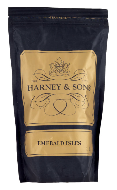 Black tea packaging for Harney & Sons' Emerald Isles, featuring elegant gold lettering and a tear-off top.
