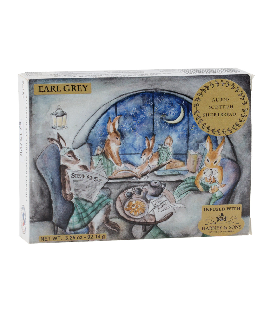 Allens Scottish Shortbread box featuring whimsical rabbits enjoying tea and cookies by a window, Earl Grey flavor.