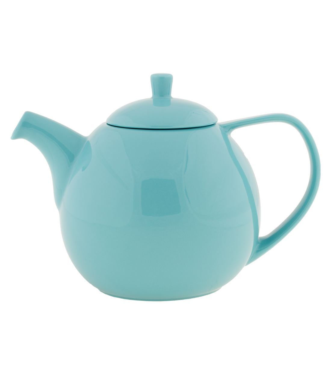 Turquoise Curve Teapot with Infuser, 45 oz capacity, featuring a sleek design and comfortable handle.