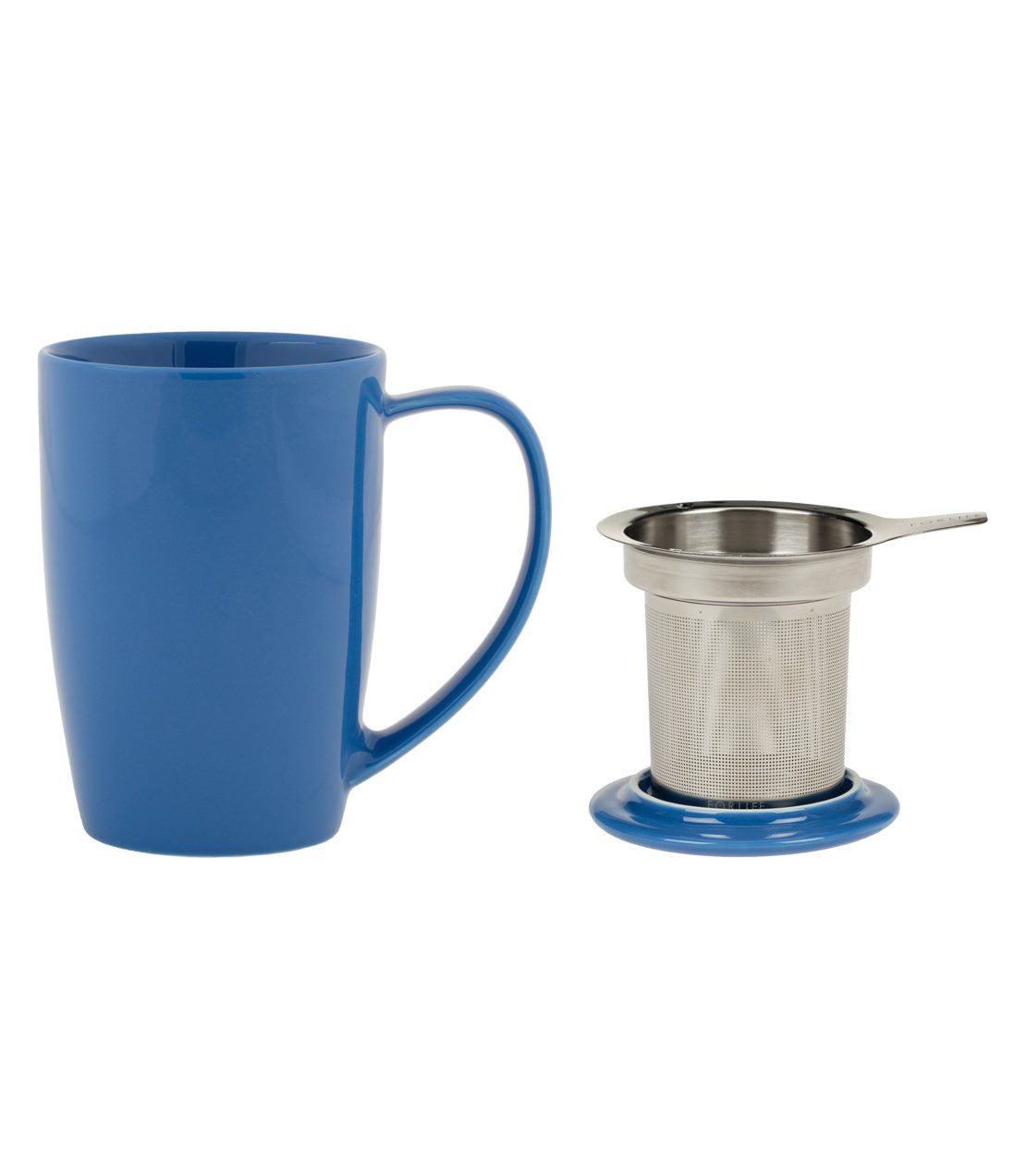 Blue Curve Mug with Infuser, 15 oz, featuring a sleek design and stainless steel mesh infuser for tea brewing.