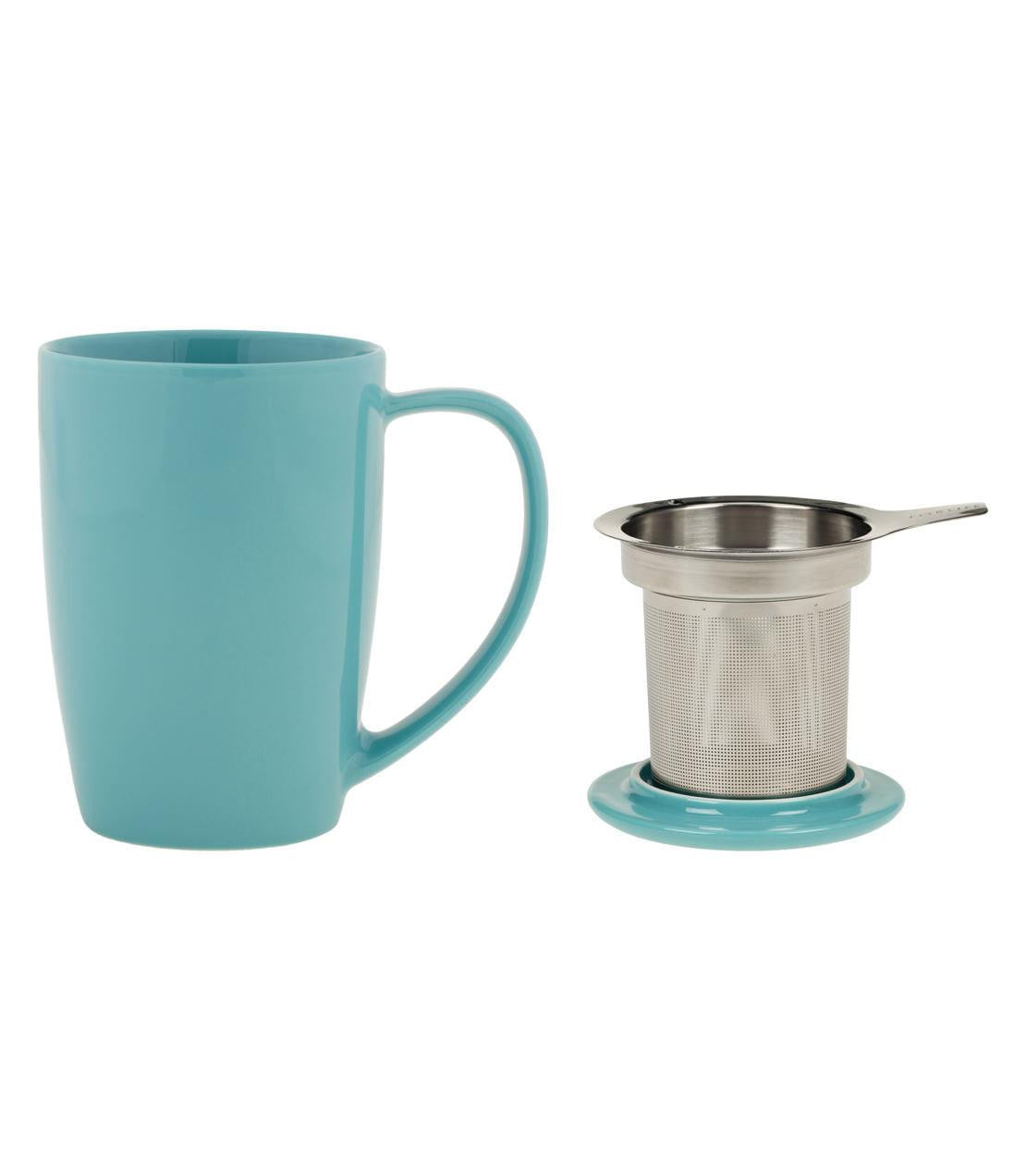 Curve Mug with Infuser, 15 oz, in turquoise, featuring a stainless steel infuser for brewing tea. Multiple colors available.