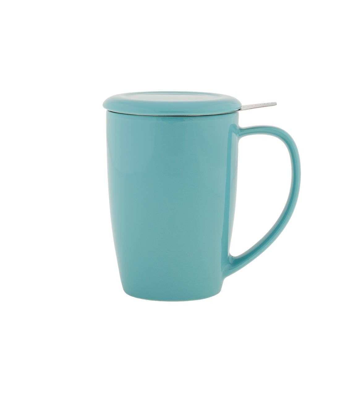 Curve Mug with Infuser, 15 oz, in turquoise, featuring a lid and a built-in infuser for tea or herbs.