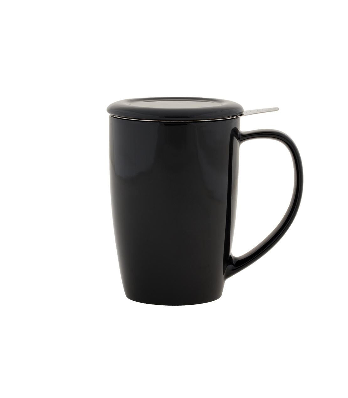 Black Curve Mug with Infuser, 15 oz capacity, featuring a lid and sleek design, perfect for tea or herbal infusions.