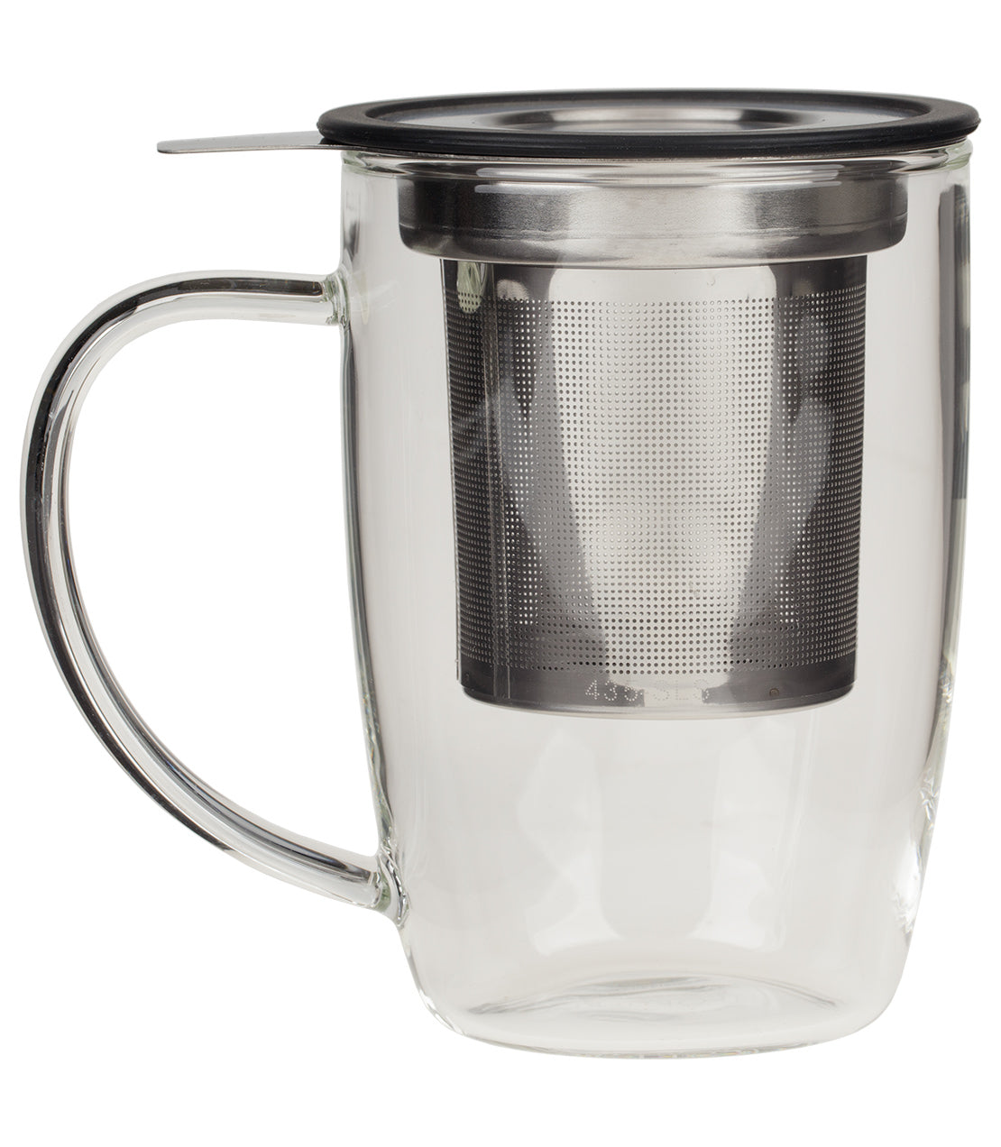 Clear glass tall tea mug with a stainless steel infuser and lid, available in assorted colors.