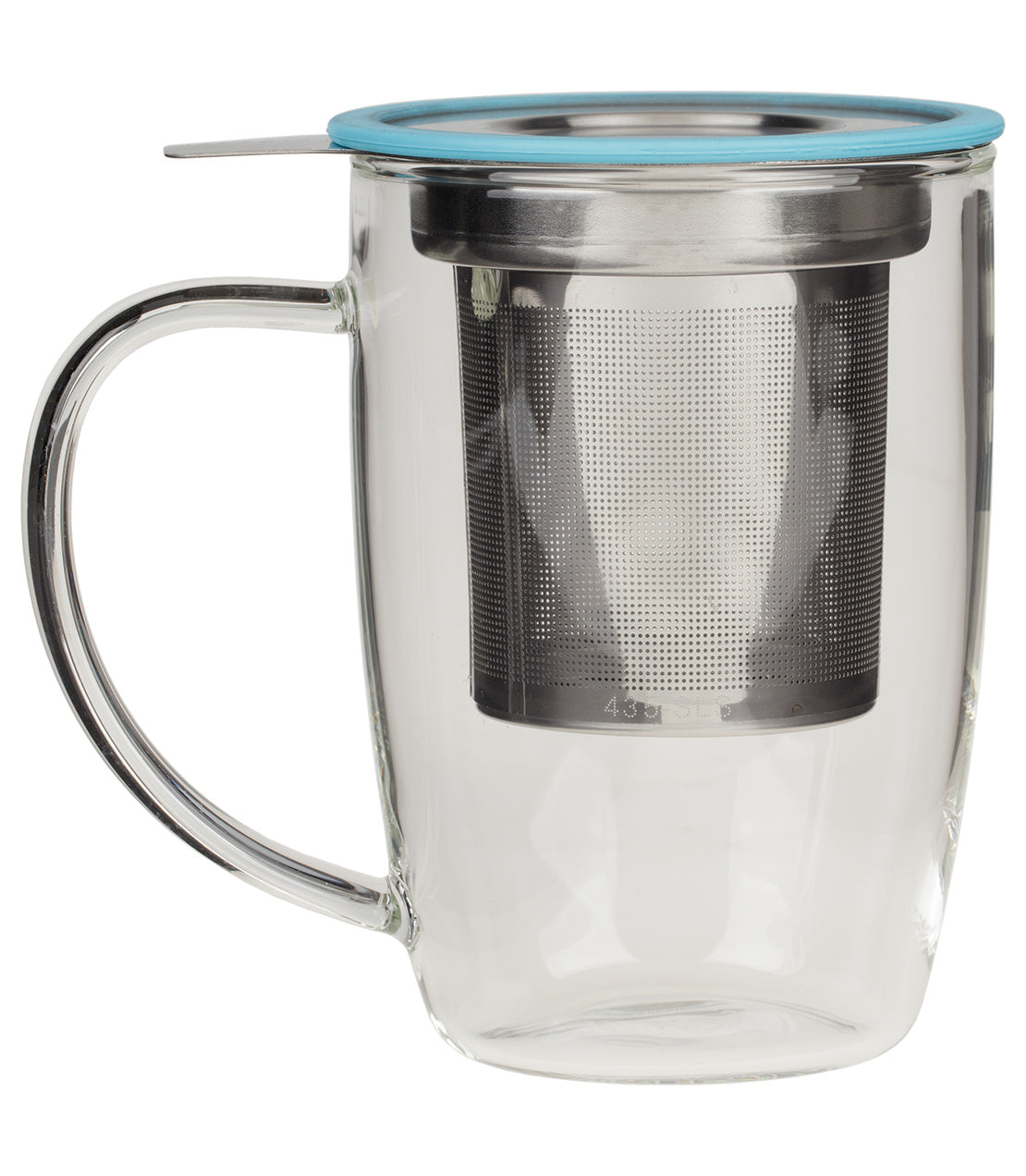 NewLeaf Glass Tall Tea Mug with stainless steel infuser and colorful lid, perfect for brewing tea.