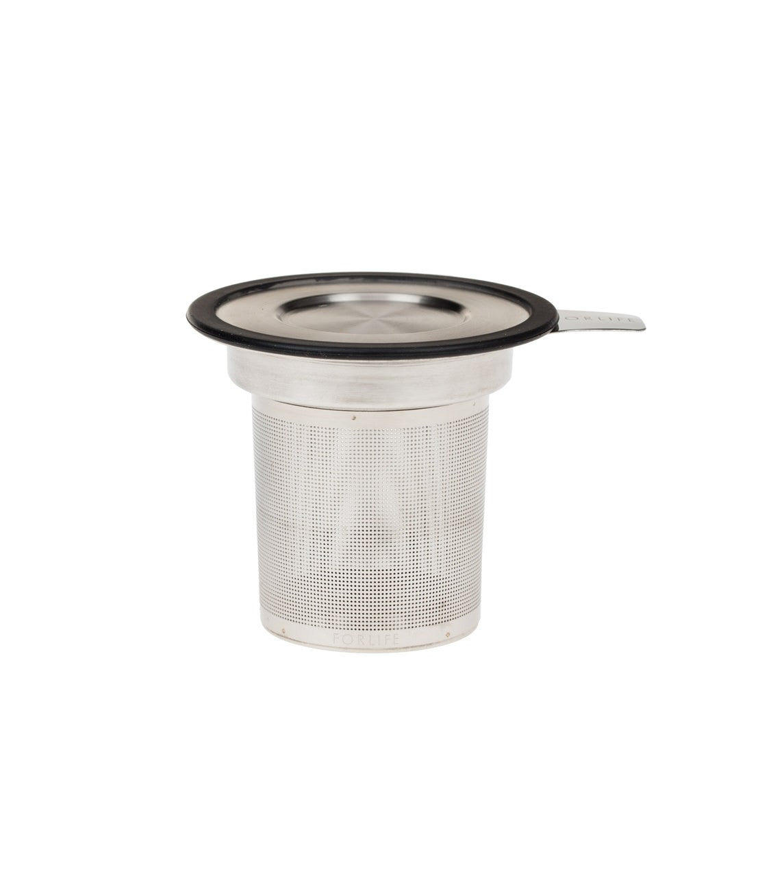 Extra-fine tea infuser with lid for brewing loose leaf tea in a mug, made of stainless steel.