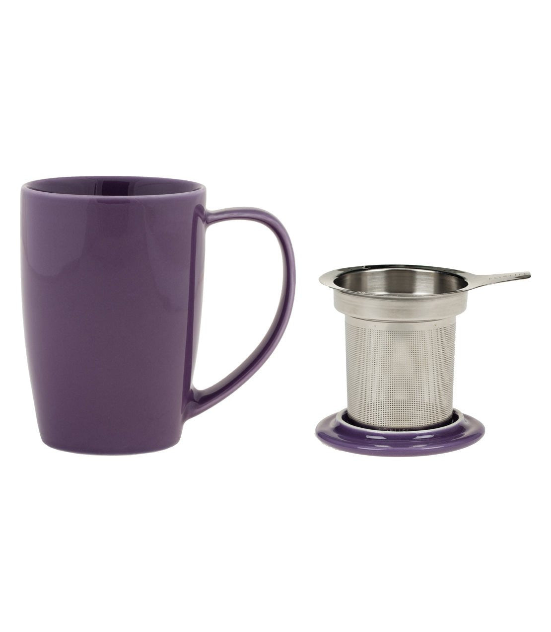 Purple Curve Mug with Infuser, 15 oz, perfect for brewing tea or coffee. Available in multiple colors.