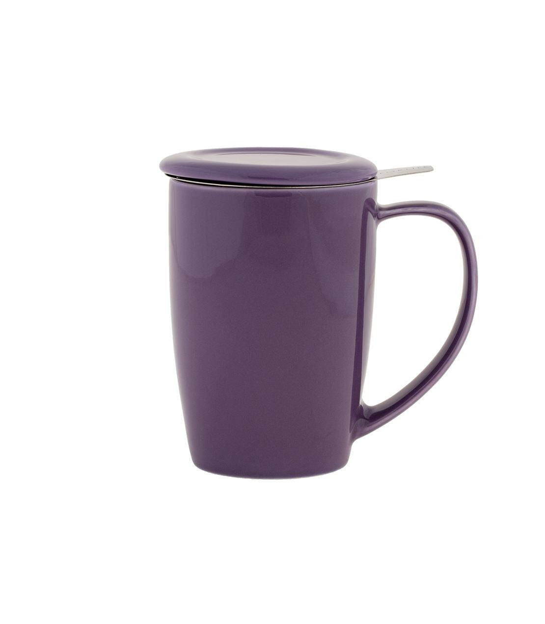 Purple Curve Mug with Infuser, 15 oz capacity, featuring a lid and sleek design for brewing tea or infusing beverages.