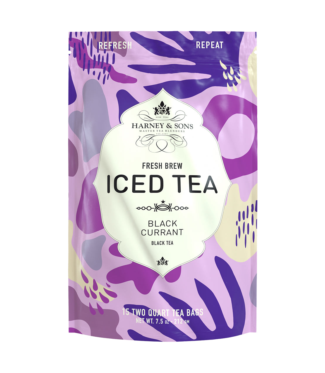 Harney & Sons Black Currant Fresh Brew Iced Tea packaging, featuring vibrant purple design and 15 tea bags.
