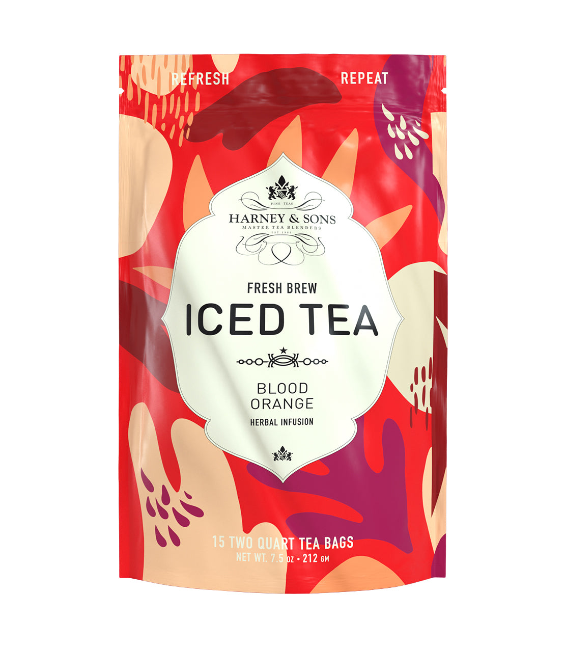 Brightly designed packaging for Harney & Sons Blood Orange Iced Tea, featuring 15 tea bags for refreshing herbal infusion.