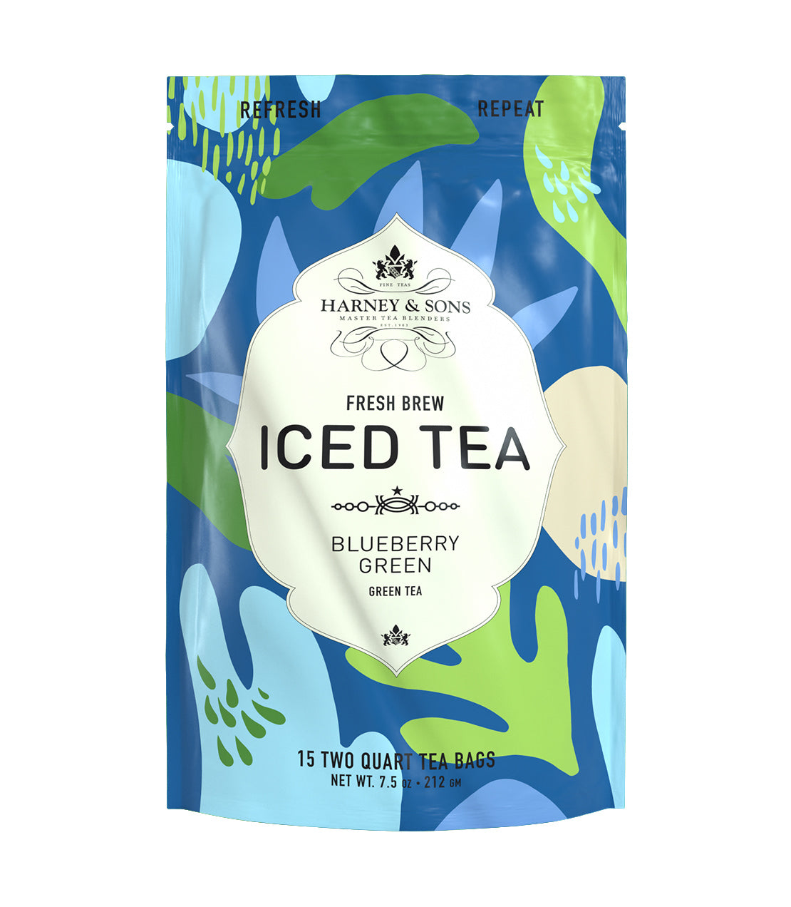 Brightly colored packaging for Harney & Sons Blueberry Green Iced Tea, featuring 15 tea bags for refreshing beverages.