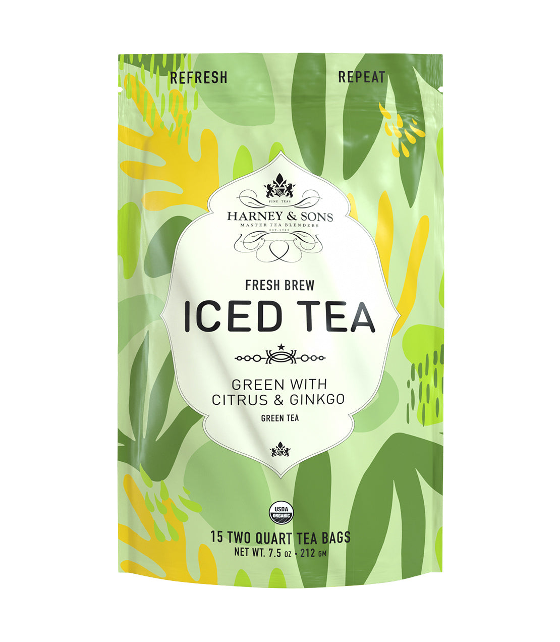 Organic Green with Citrus & Ginkgo Fresh Brew Iced Tea packaging featuring vibrant green design and tea bag details.