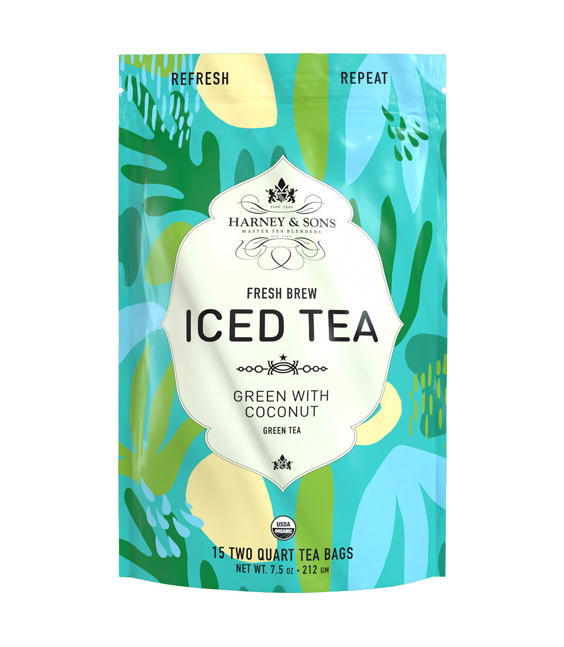 Organic Green with Coconut Fresh Brew Iced Tea - Iced Tea Pouches Bag of 15 Pouches - Harney & Sons Fine Teas