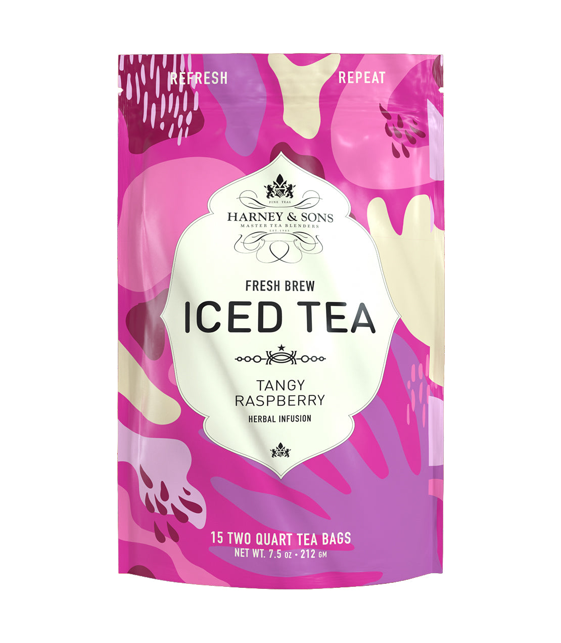 Harney & Sons Tangy Raspberry Herbal Iced Tea packaging, featuring vibrant pink and purple design, 15 tea bags.