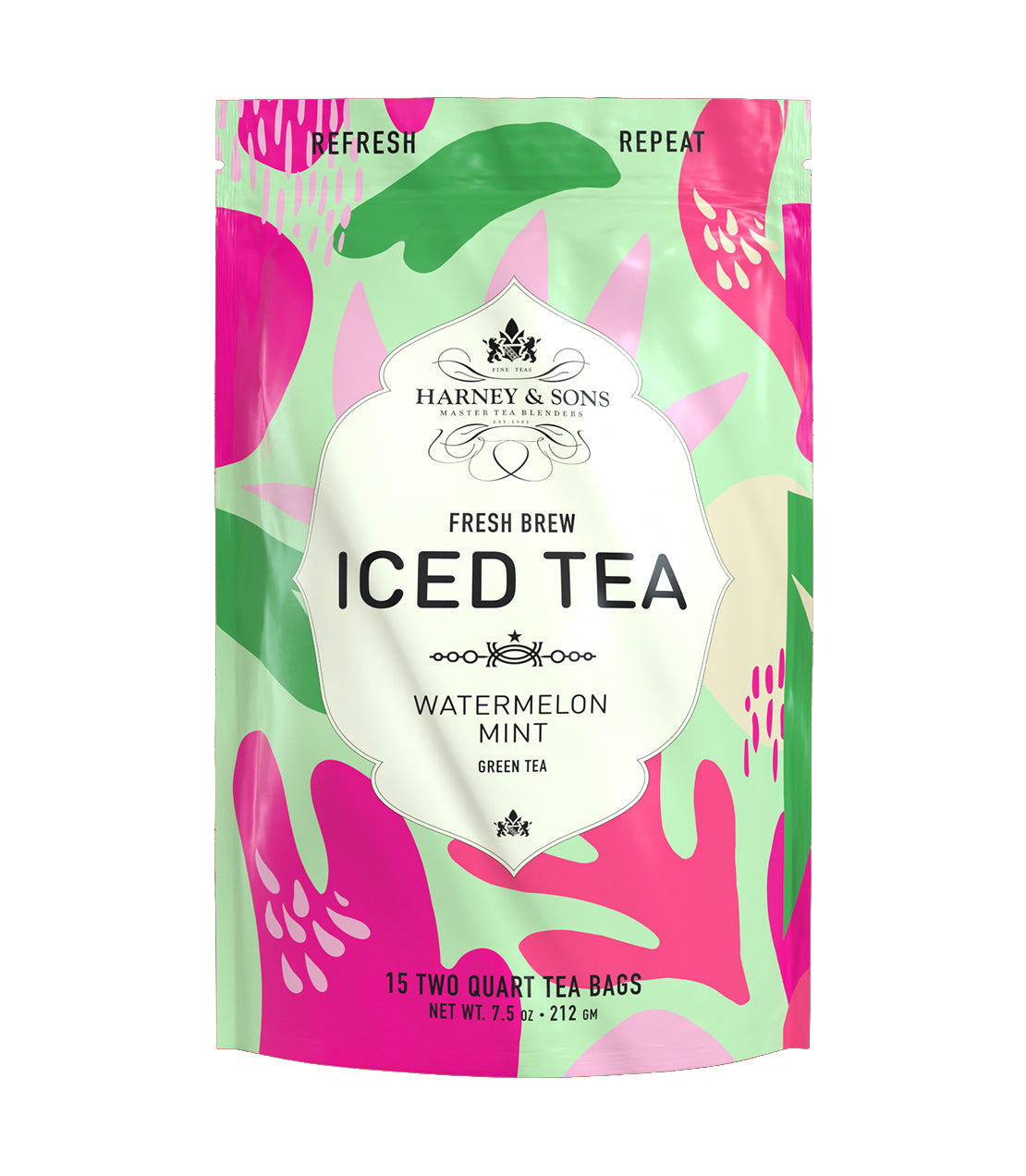 Brightly colored packaging of Harney & Sons Watermelon Mint Fresh Brew Iced Tea, featuring green tea and tropical designs.