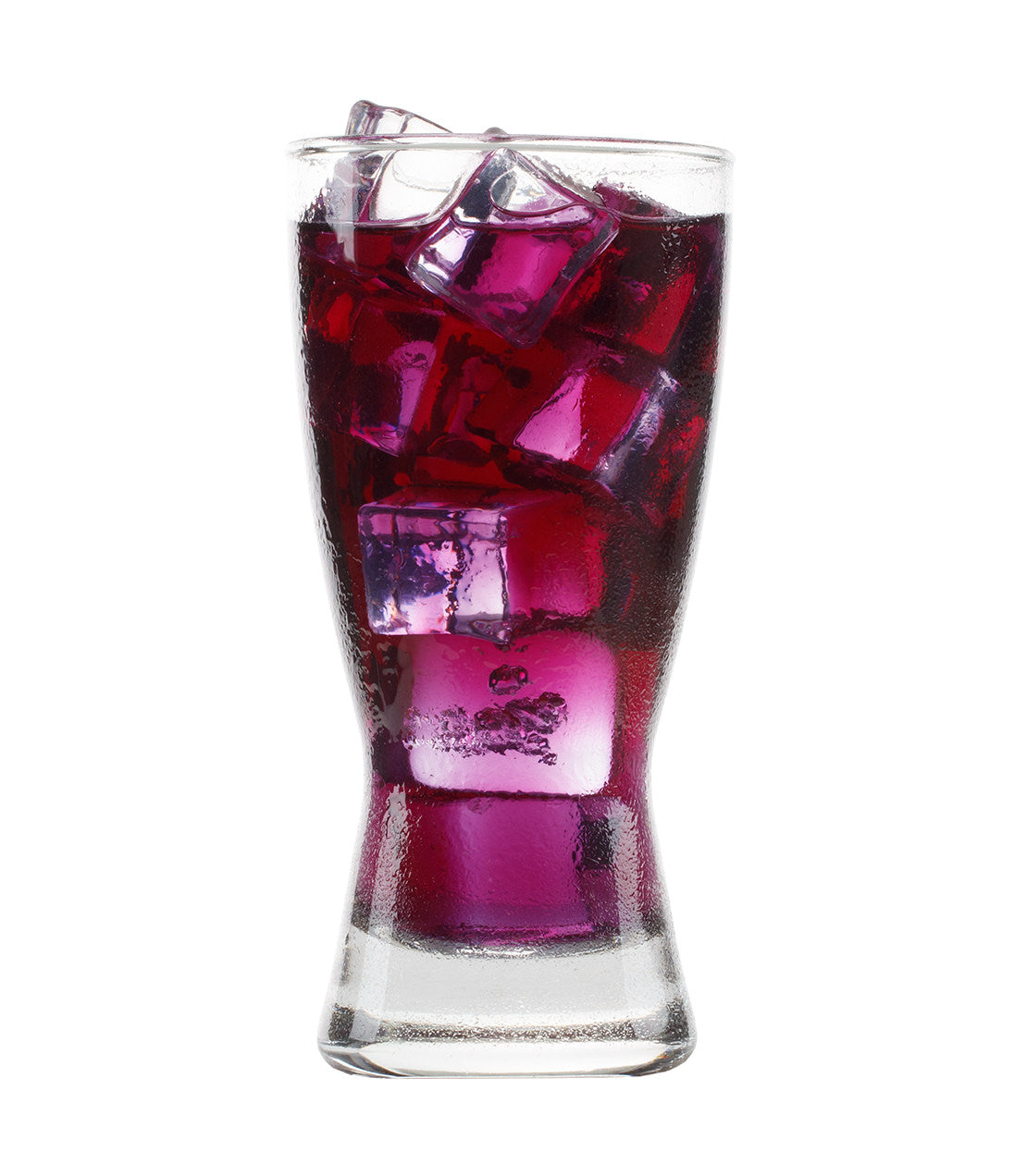 Tall glass of Indigo Punch Fresh Brew Iced Tea filled with ice cubes, showcasing a vibrant purple color.