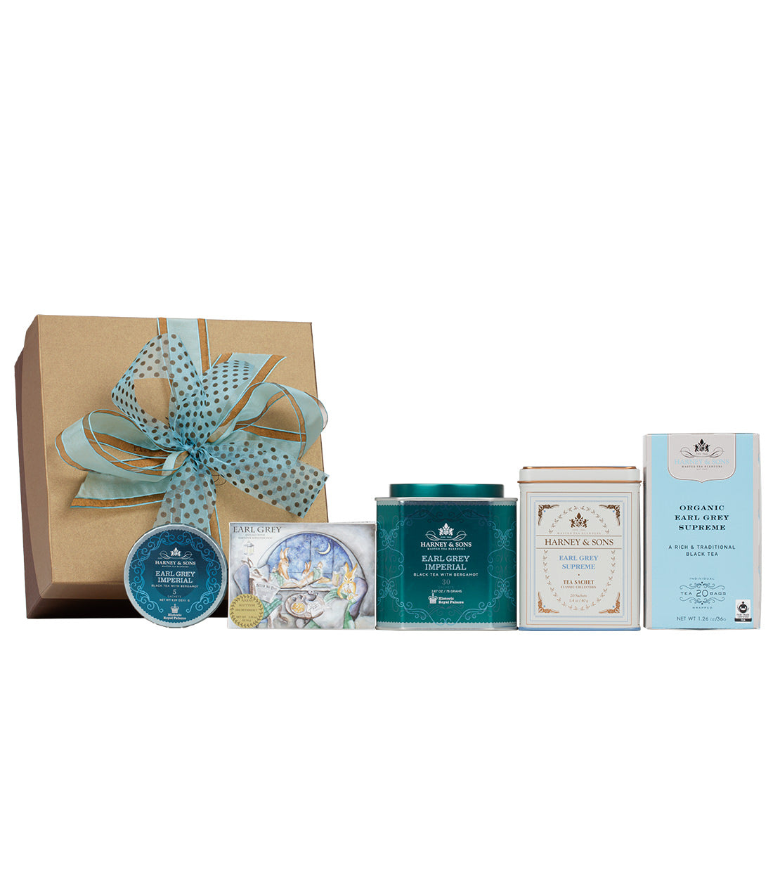 Earl Grey gift set featuring tea tins, a tea sampler, and decorative packaging with a blue ribbon.