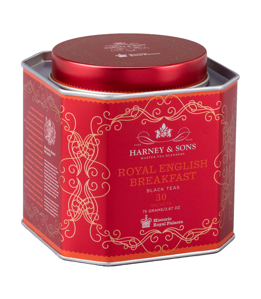 Hexagonal tin of Harney & Sons Royal English Breakfast tea, featuring elegant red design and gold accents.