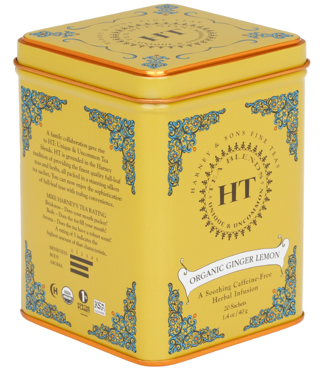 Yellow tin of Organic Ginger Lemon tea by Harney & Sons, featuring 20 sachets for a soothing herbal infusion.