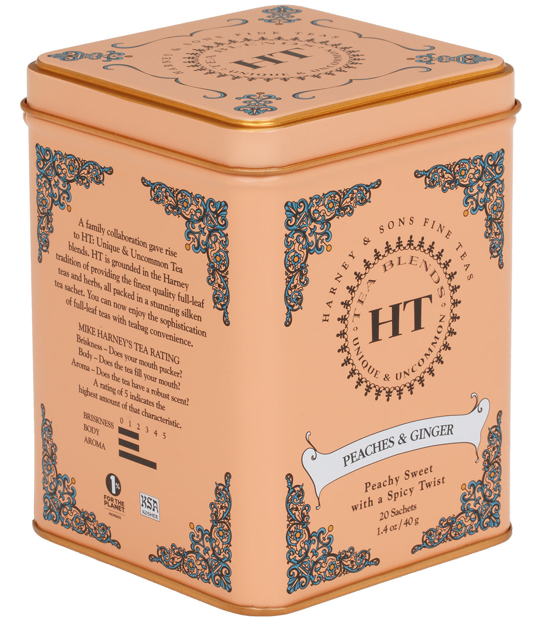 Decorative tin of Peaches & Ginger tea by Harney & Sons, featuring peach and ginger flavor notes.
